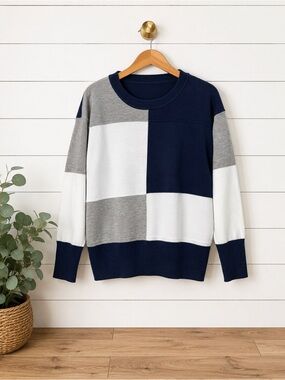 💙 Color Block Knit Sweater | Navy Gray & White | Women’s Large 💙